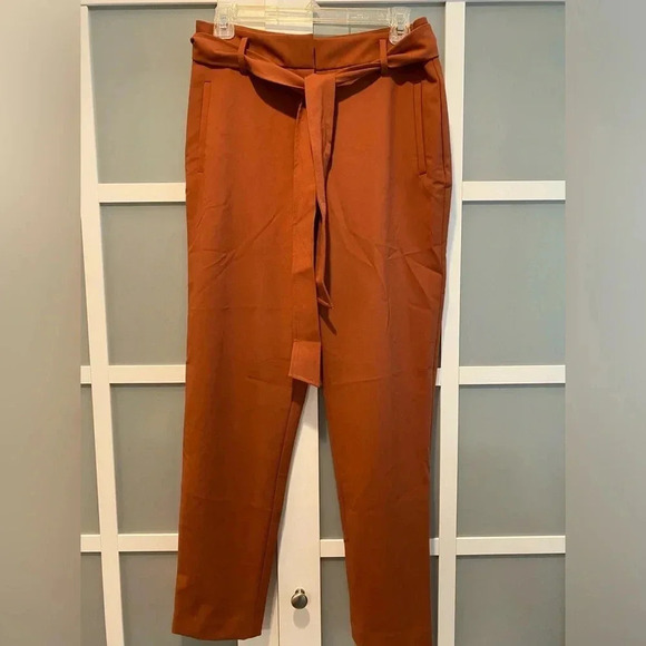 Halogen Tie Waist Twill Ankle High Rise Career Dress Pants Brown Rust Women’s 8 - Picture 2 of 10